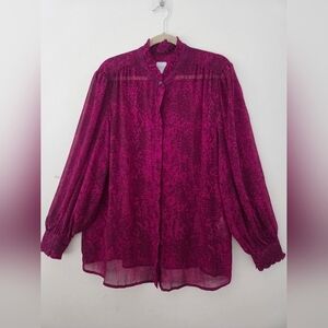 Chico's Magenta Reptile Print Sheer Ruffle Mock Neck Button Front Blouse Top XL
